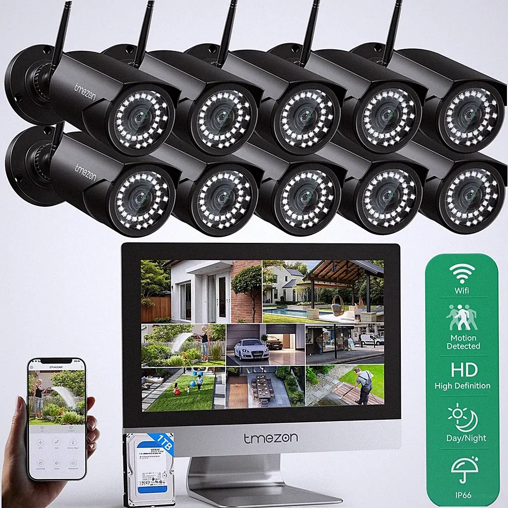 WLAN Funk IP Überwachungskamera Set 1TB HDD Außen Metall Audio 10CH 5MP Monitor