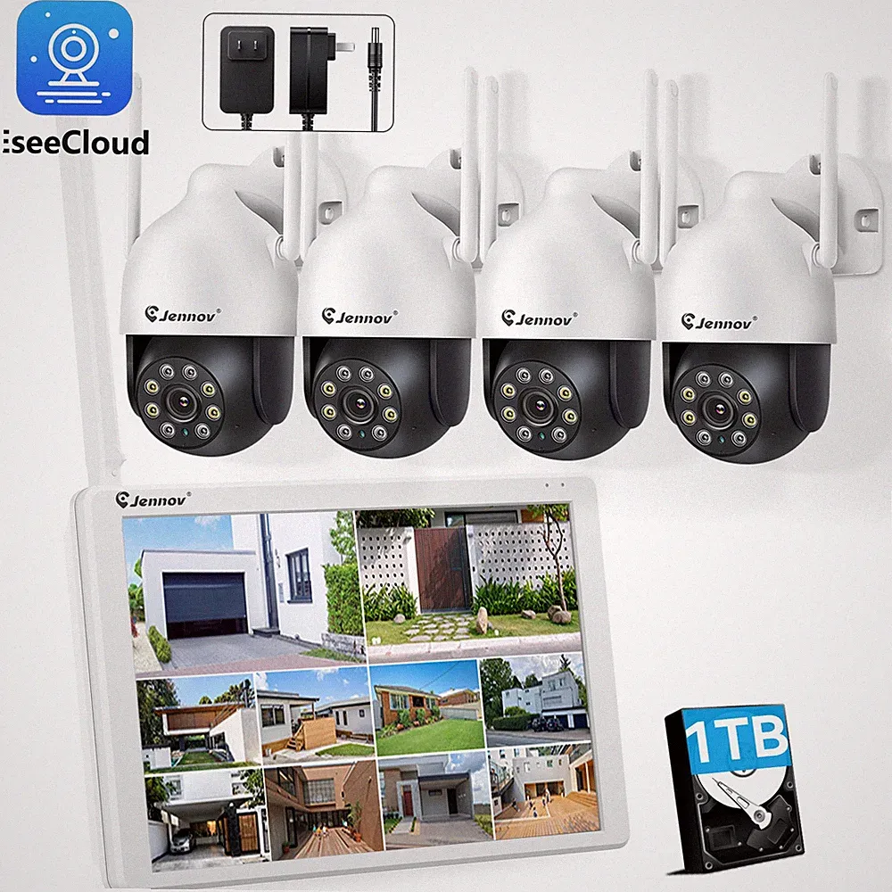 WLAN Monitor 4x Außen 5MP Funk IP PTZ Überwachungskamera Set 1TB 2-Wege-Audio