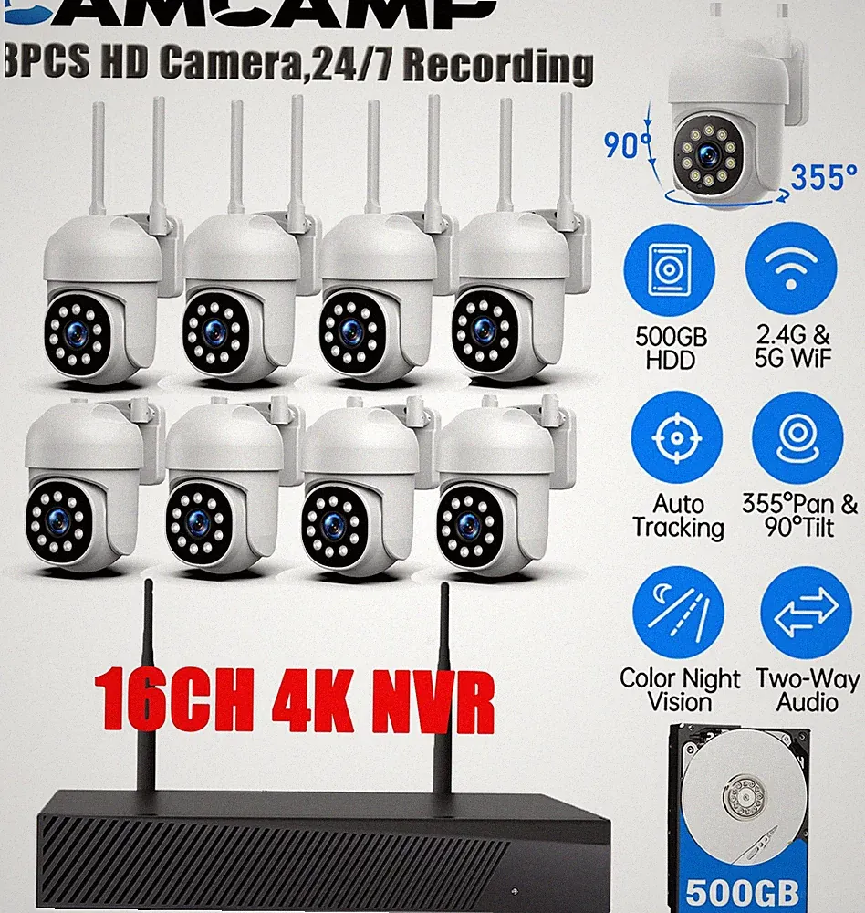 WLAN Überwachungskamera Set 8 Stück 1080P PTZ Kameras Außen 16CH NVR Nachtsicht