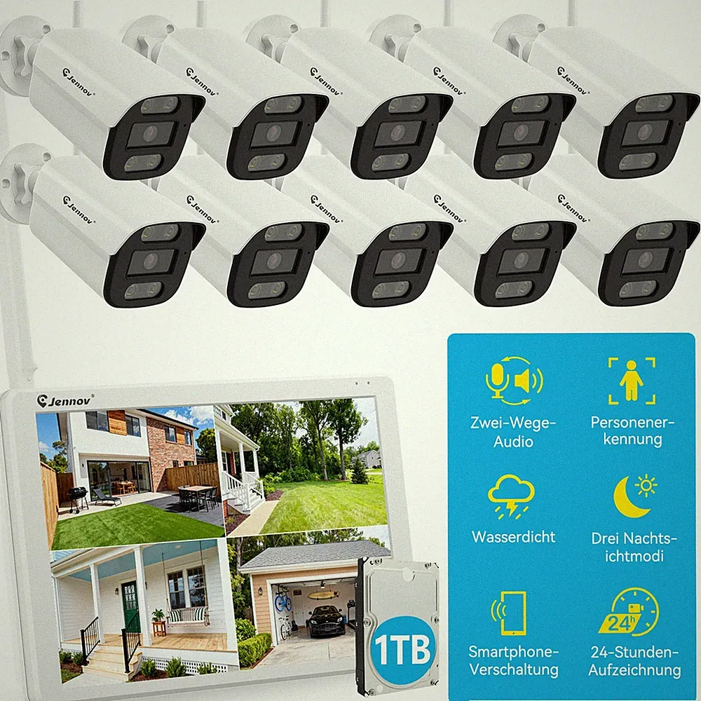 WLAN Überwachungskamera Set Außen 10X Kabellos Kamera System 5MP Monitor Audio