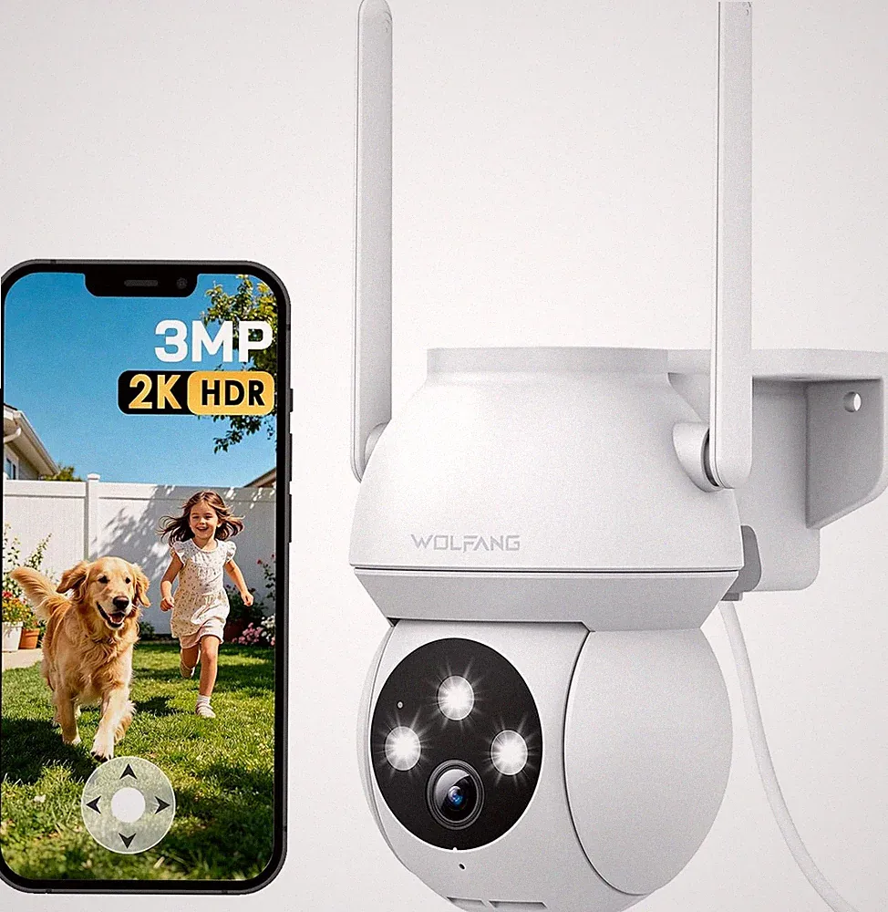 WOLFANG 2K 3MP Überwachungskamera Außen 360° PTZ Farbnachtsicht IP65 Alarm