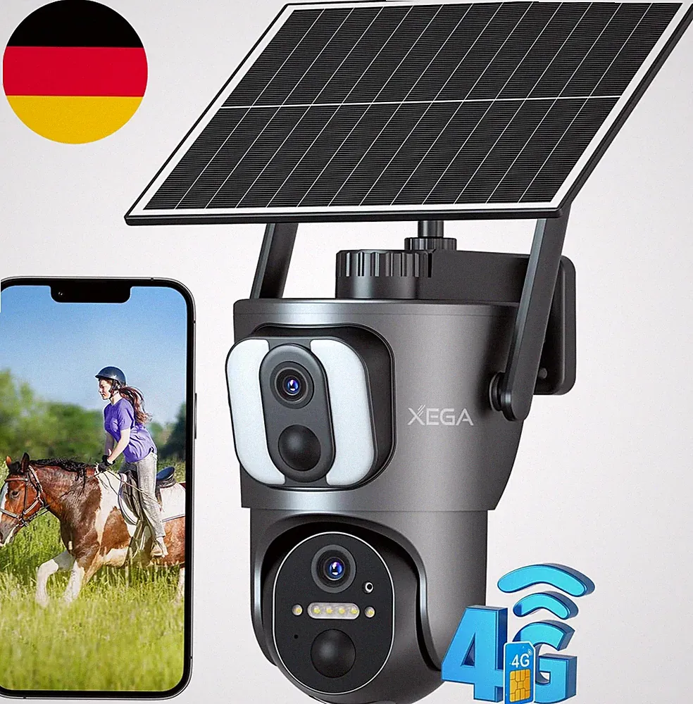 Xega 4G Lte【Doppelte Linse】 Überwachungskamera Aussen Mit SIM Karte,14400Mah Akk