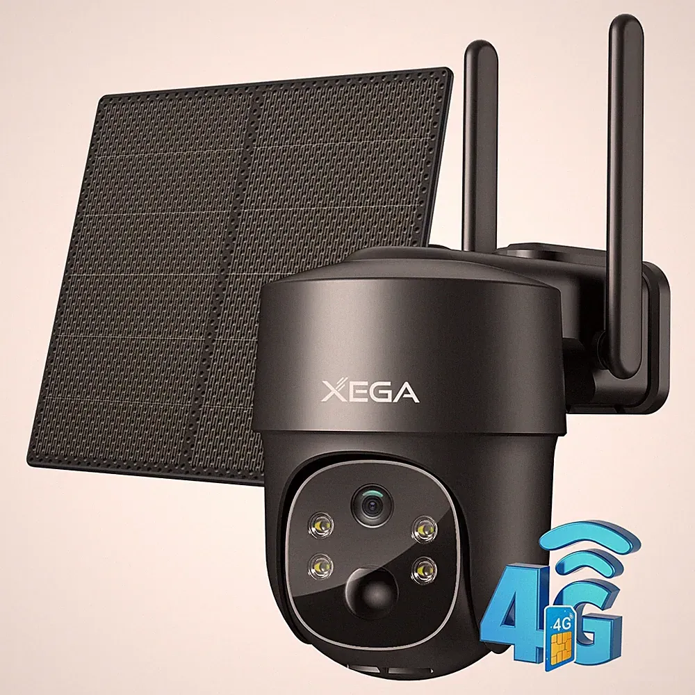 Xega 4G LTE Solar PTZ Überwachungskamera Außen 3MP HD Nachtsicht Schwarz ABS