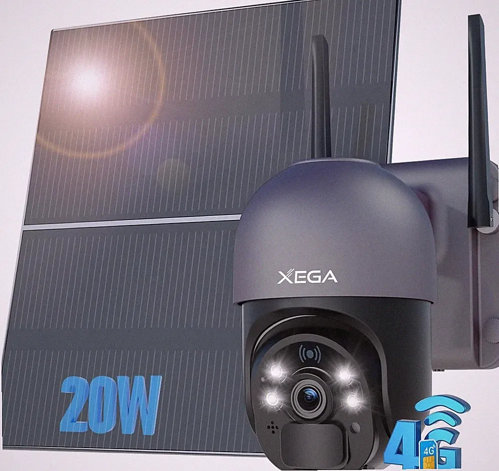 Xega 4G LTE Überwachungskamera Aussen Solar 20W 20000mAh Akku Grau 2K HD mit SIM