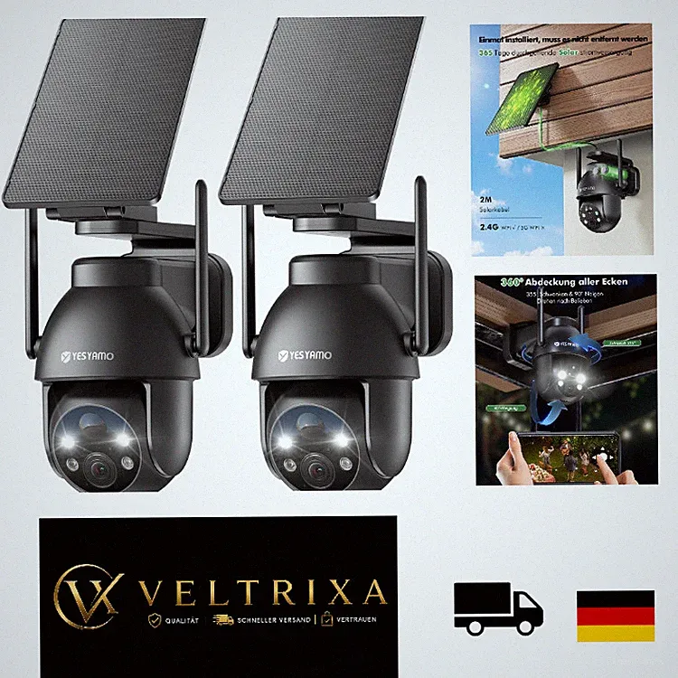 YESYAMO 2K Überwachungskamera Außen Solar, 100 kabellos, Grau, 2er Set, 2,4 GHz