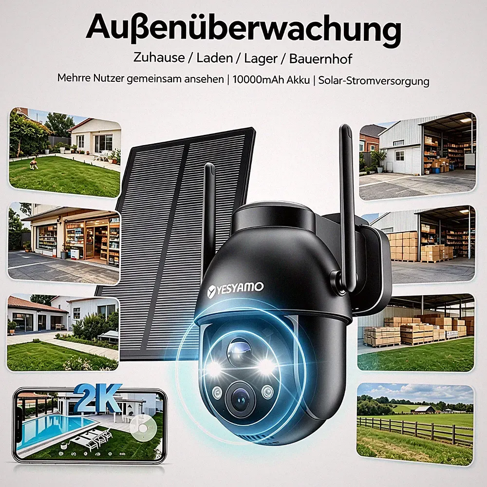 YESYAMO Überwachungskamera Außen Solar Akku WLAN PTZ 360° Farb-Nachtsicht