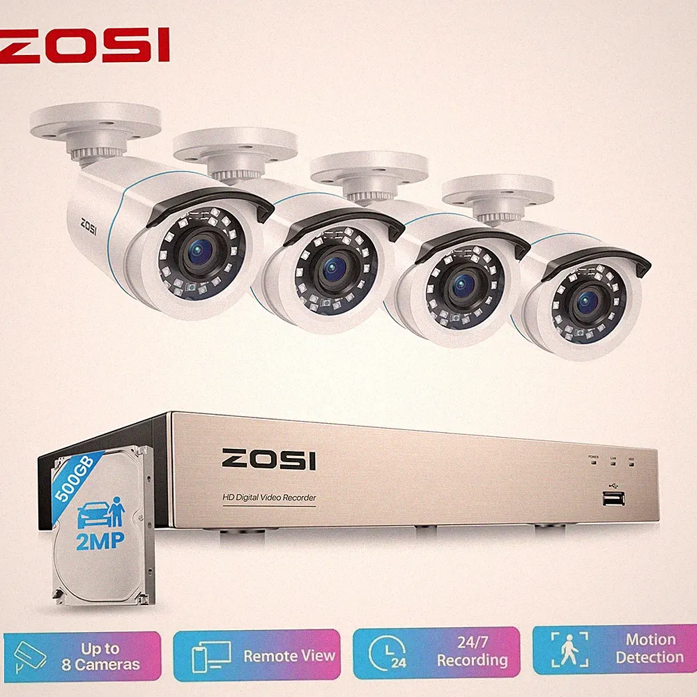 ZOSI 1080P Überwachungskamera Set Außen DVR 2MP IR Kameras mit Featplatte 500GB