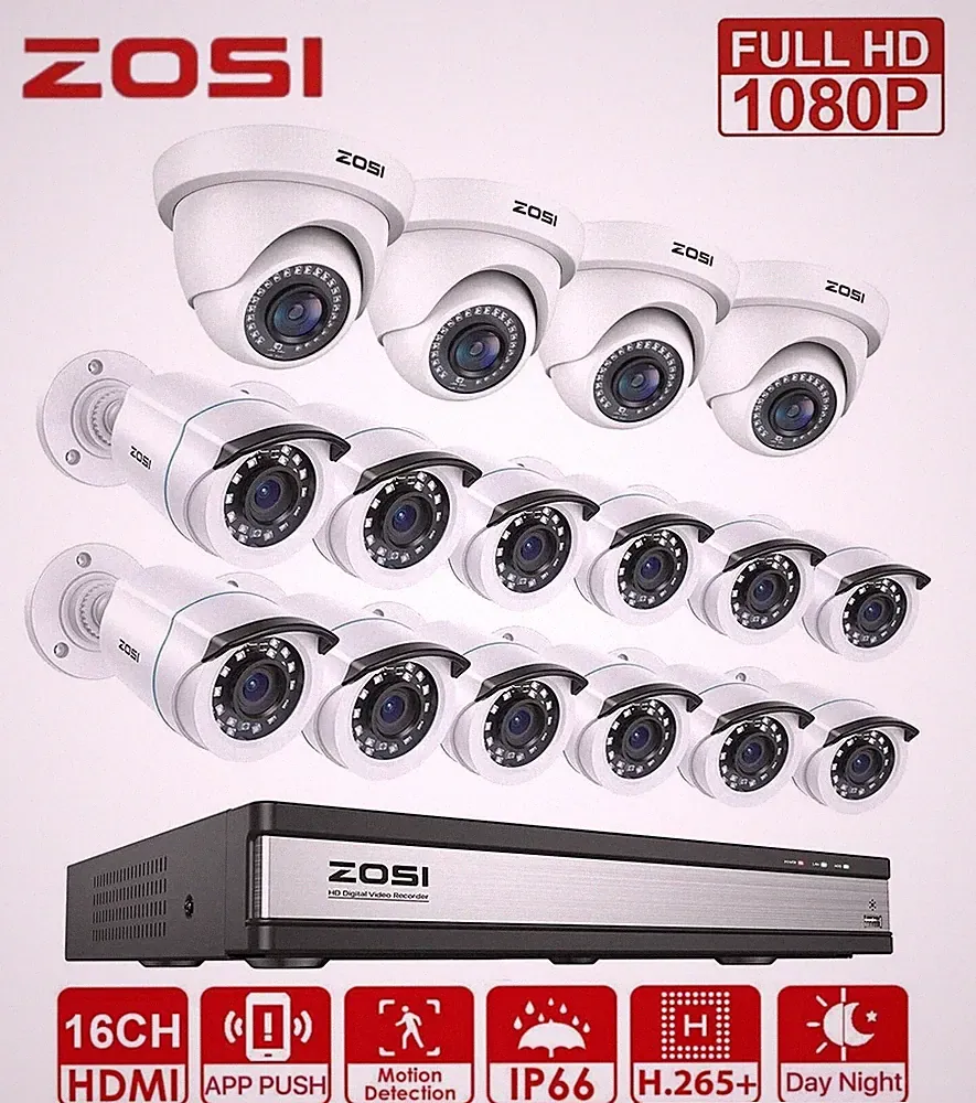ZOSI 16CH 2MP Außen Überwachungskamera Set Dome Bullet Kamera Nachtsicht 2TB HDD