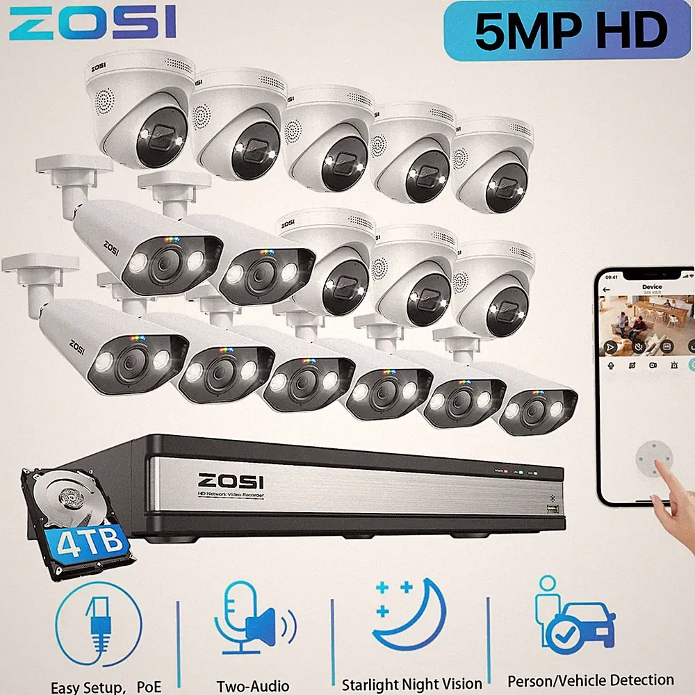 ZOSI 16CH 5MP PoE Überwachungskamera Set Außen 4K 4TB NVR Videoüberwachung Audio