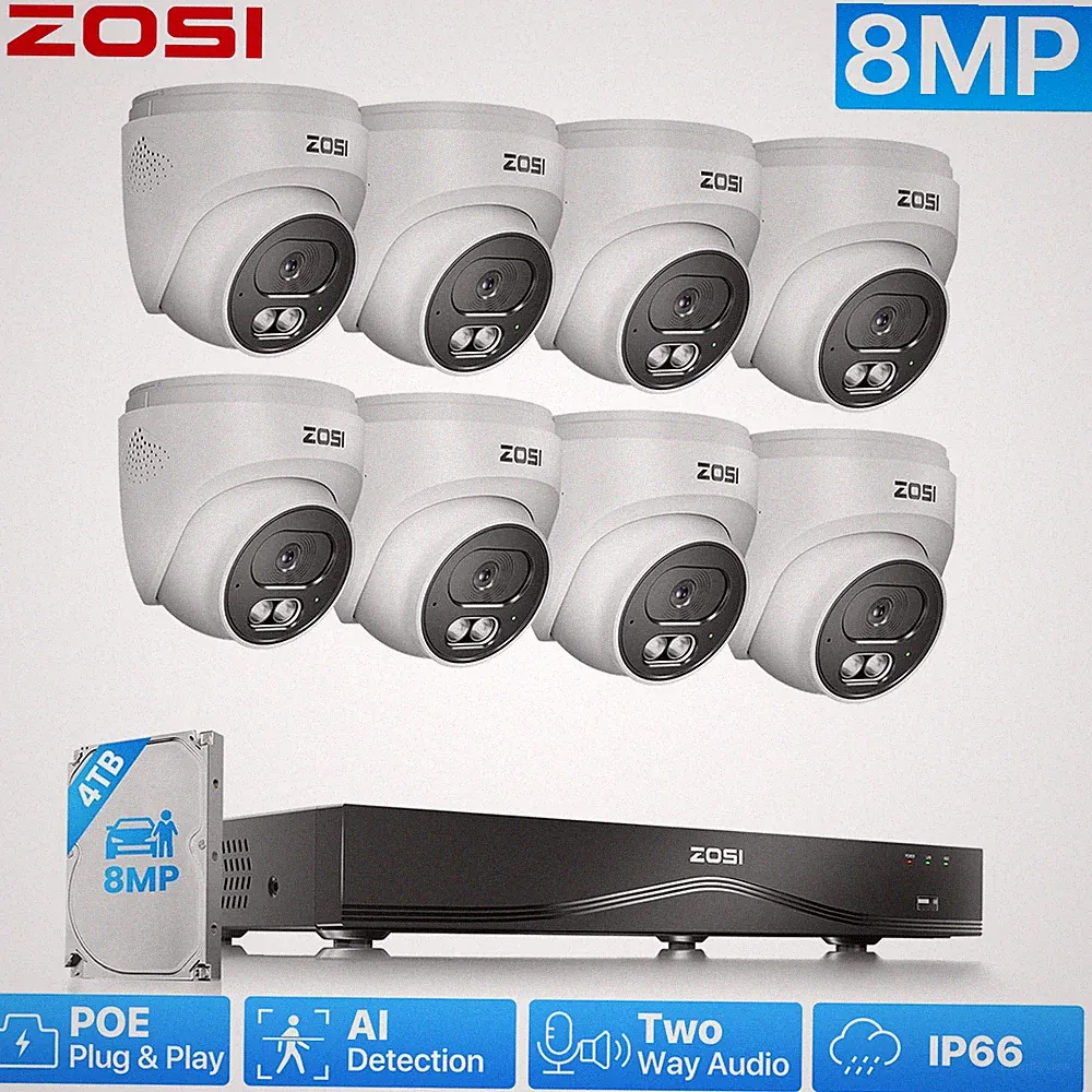 ZOSI 8MP PoE Überwachungskamera Set Aussen Kamaras Audio IR 16CH 4TB NVR Dome