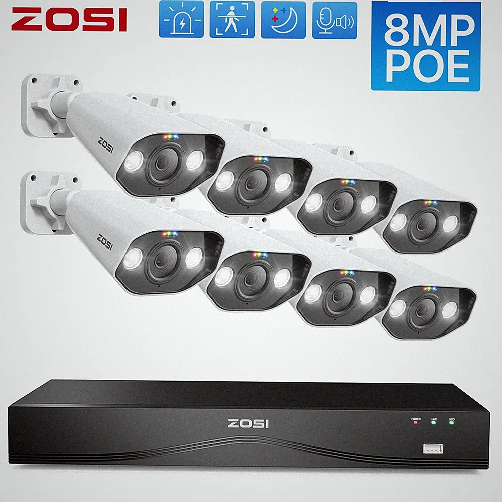 ZOSI 16CH 8MP PoE Überwachungskamera Set Außen 4K Bullet Kameras Audio 24/7 NVR