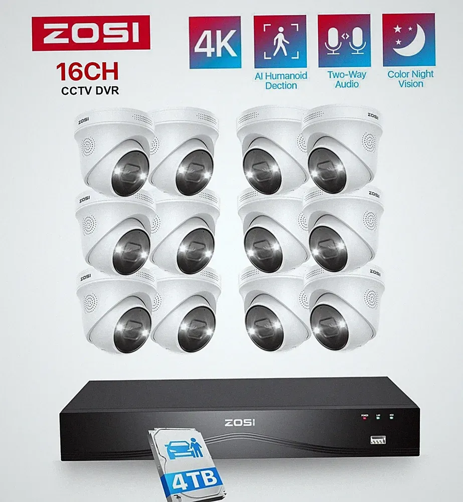 ZOSI 16CH 8MP Überwachungskameraset Außen 12x4K POE Kamera Zwei Wege Audio 4TB