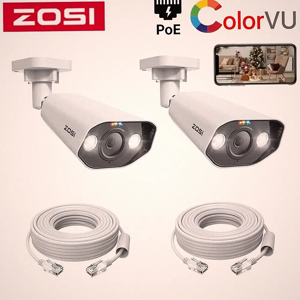 ZOSI 2X5MP/8MP PoE Weiß Überwachungskamera Außen mit Lan Kabels Farbnachtsicht