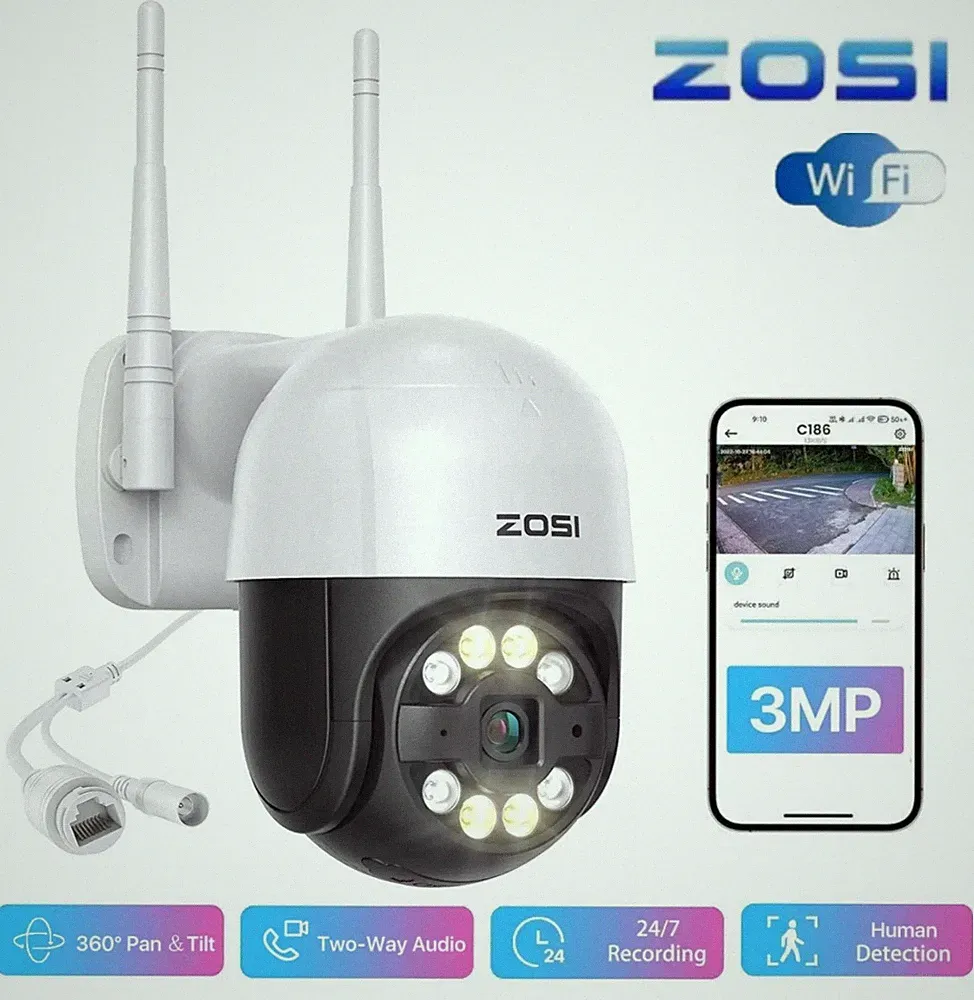 ZOSI 3MP WIFI Außen Überwachungskamera PTZ Schwenkbar IP Kamera Farbnachtsicht
