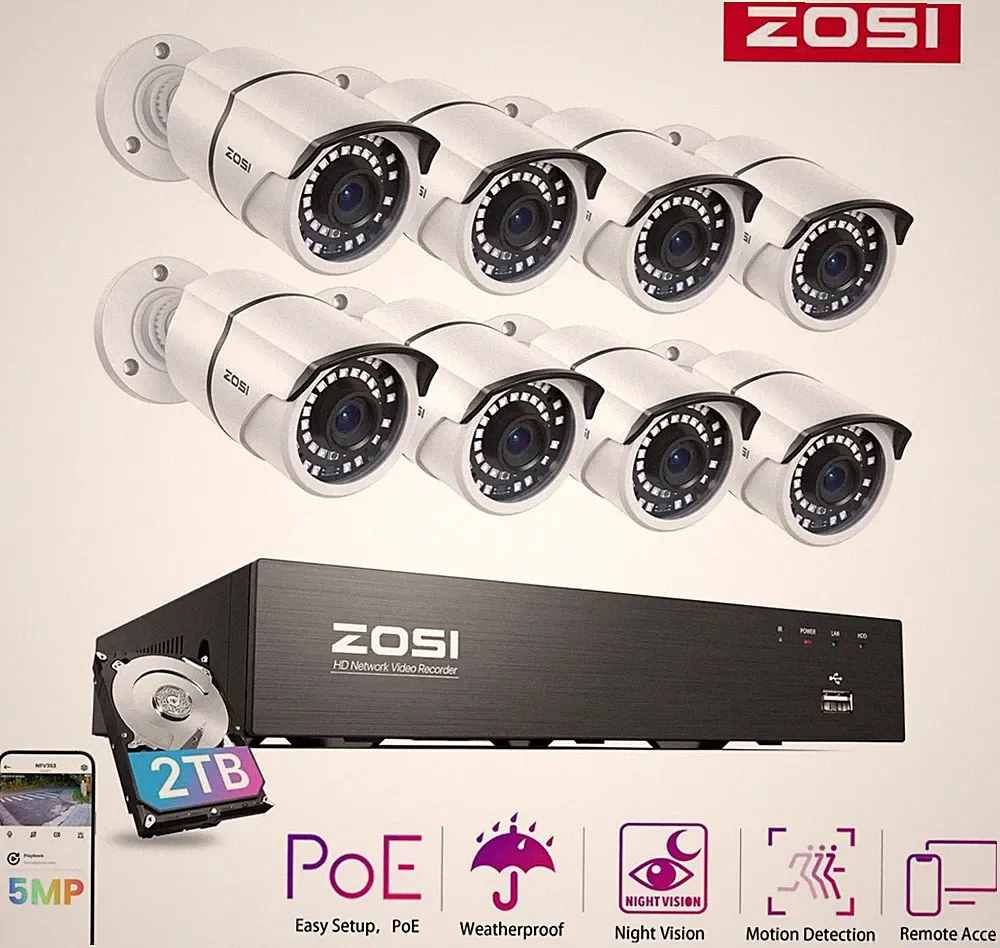 ZOSI 4K 8CH 2TB NVR 8x5MP PoE Set