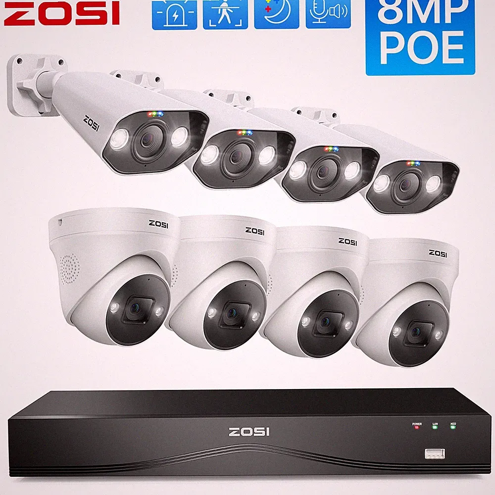 ZOSI 4K 8MP PoE Überwachungskamera Set Außen 16CH NVR 8X Kameras Farbnachtsicht