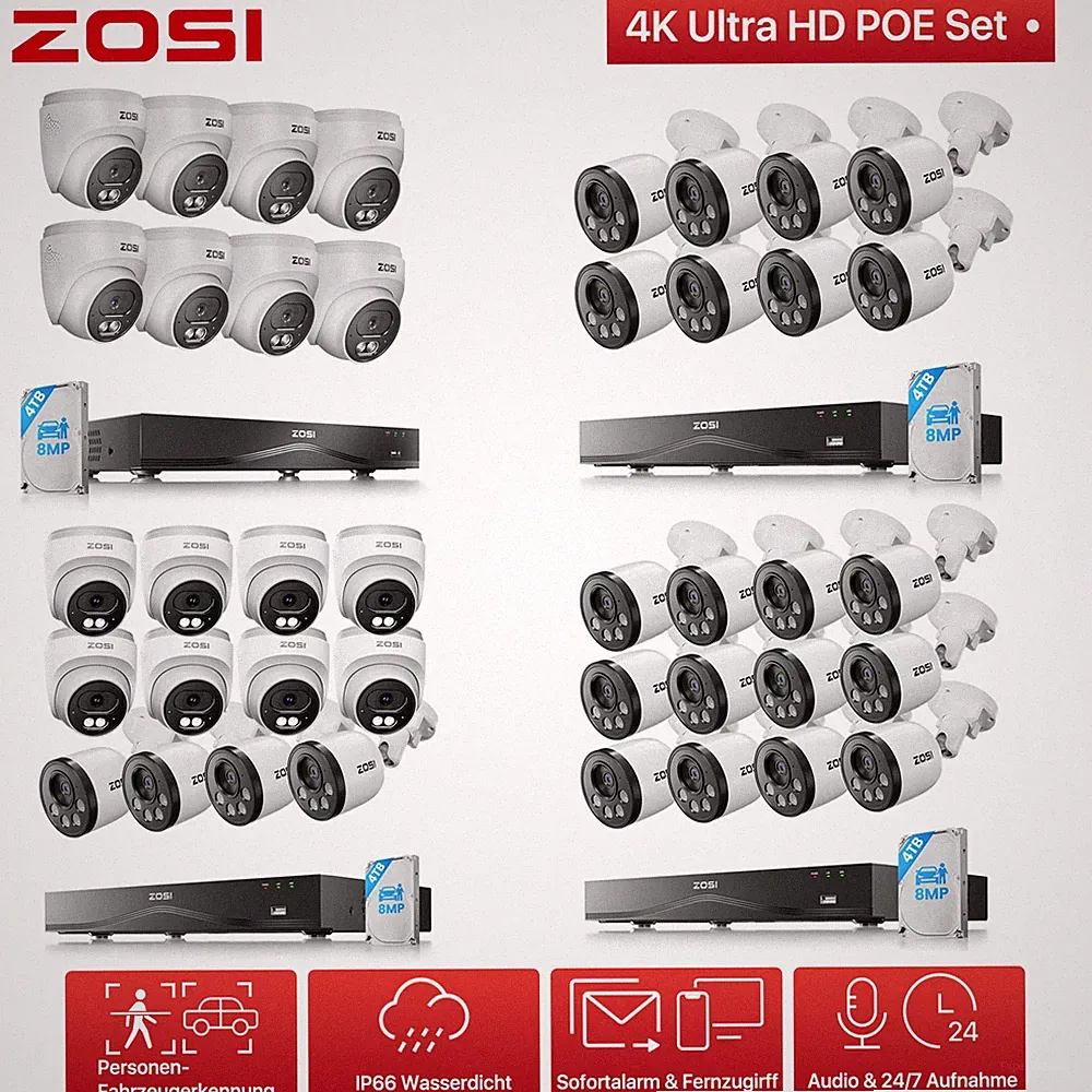 ZOSI 4K 8MP POE Überwachungskamera Set Außen NVR