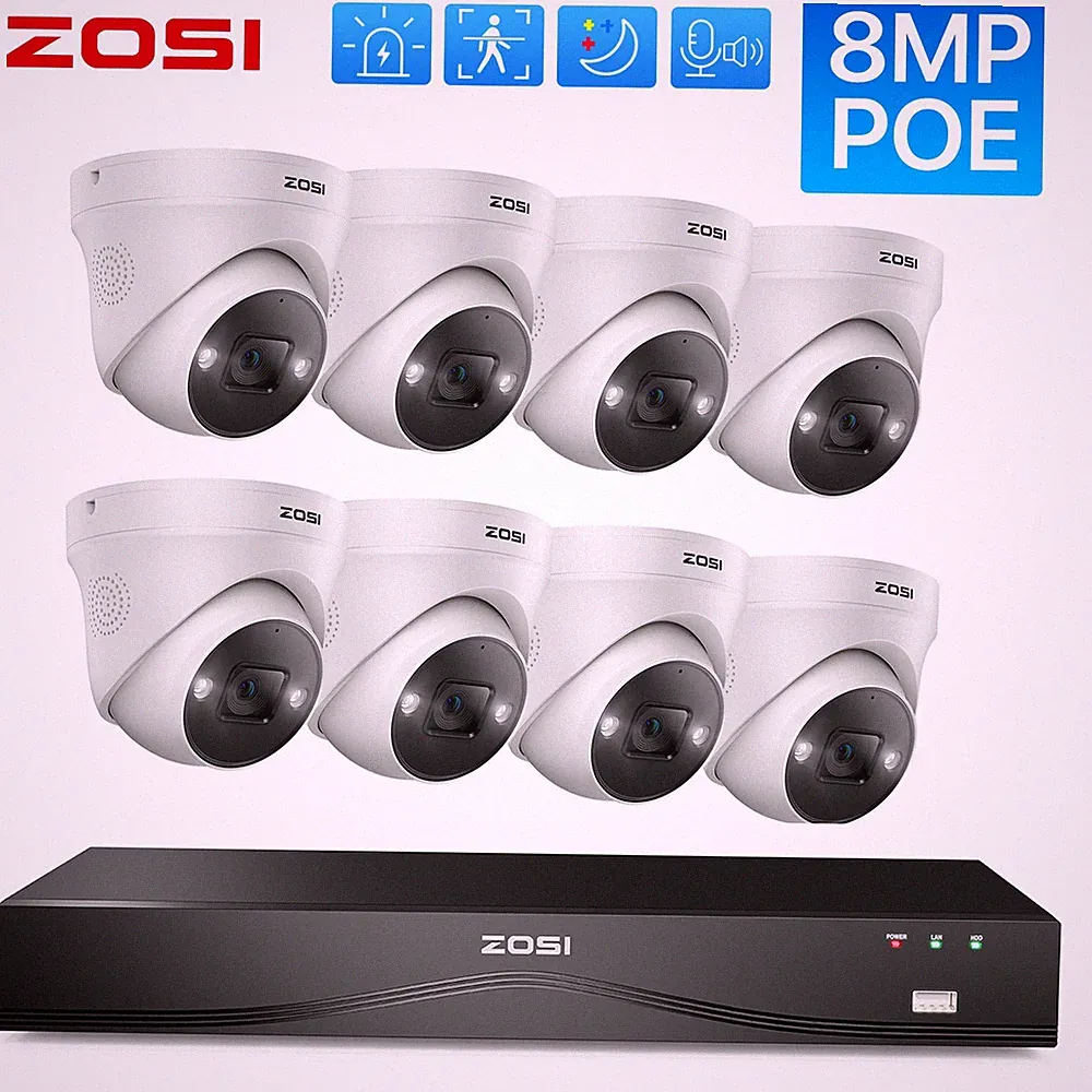 ZOSI 4K 8MP POE Überwachungskamera Set Außen NVR Farbnachtsicht 8X Kameras Audio