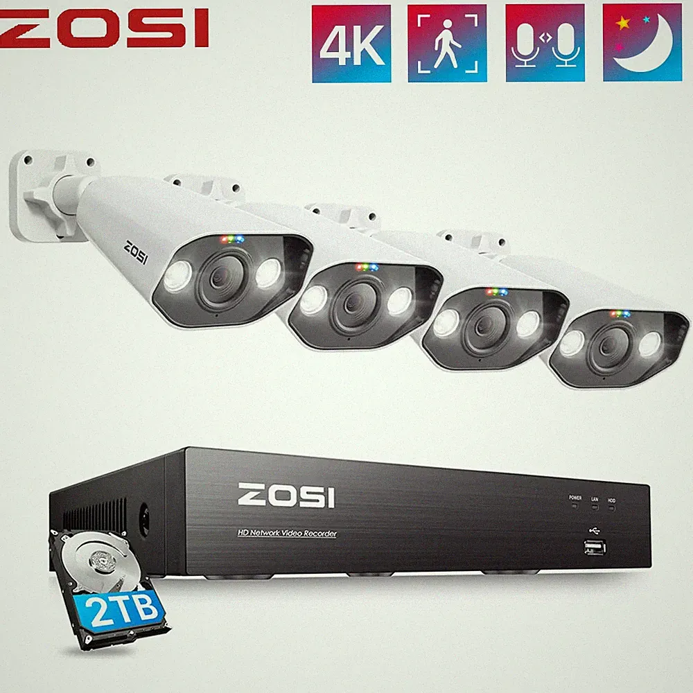 ZOSI 4K Außen POE Überwachungskamera Set 2TB 8MP Kamera Personenerkennung Audio