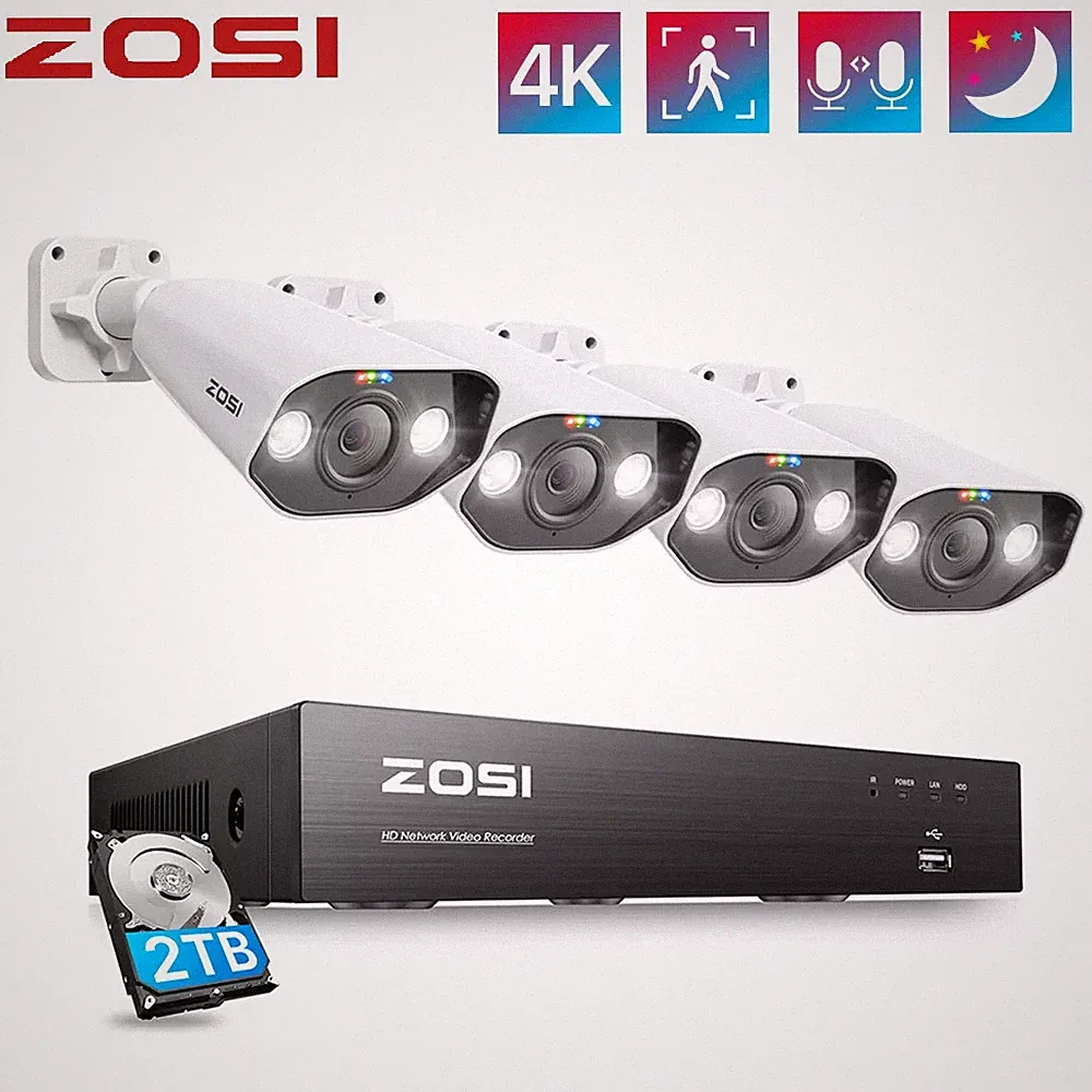 ZOSI 4K Außen POE Überwachungskamera Set 8CH 2TB NVR 4x 8MP IP Kamera Audio
