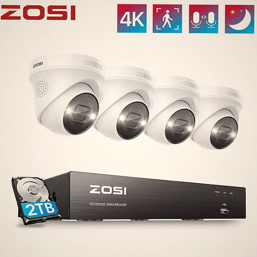 ZOSI 4K PoE Überwachungskamera Set Außen 8MP PoE IP Kamera 8CH NVR 2TB HDD Audio