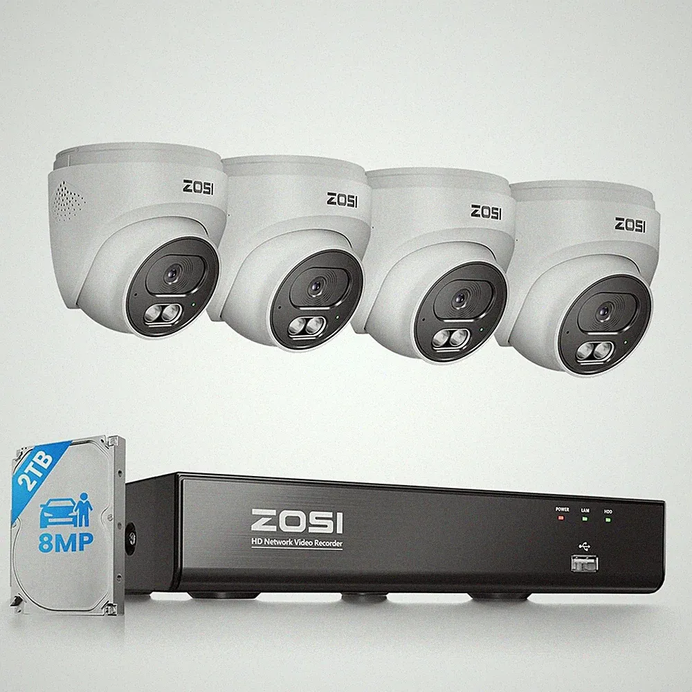 ZOSI 4K PoE Überwachungskamera Set Außen Kamera Kabel System 2TB 8MP NVR Audio