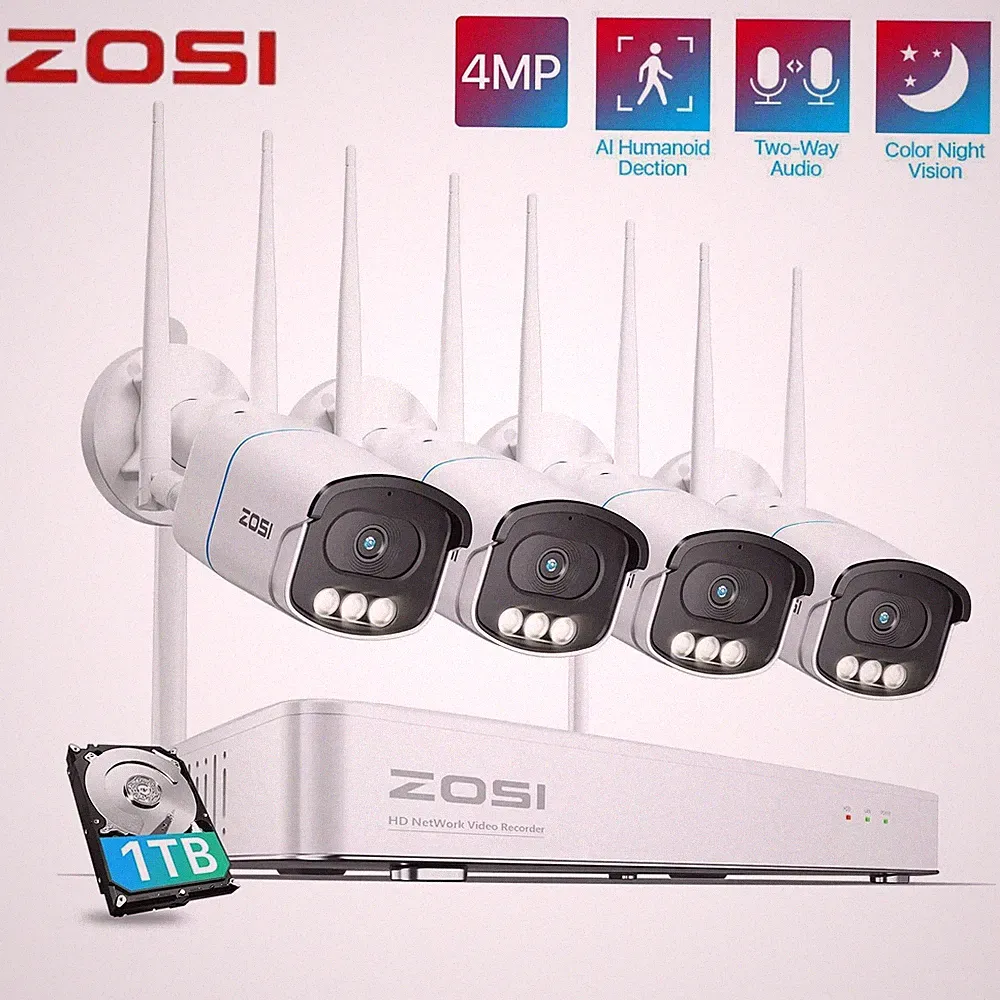 ZOSI 4MP Funk WiFi Überwachungskamera Set 3K 1TB NVR Außen IRFarbnachtsicht IP66