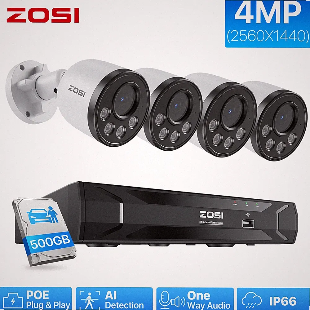 ZOSI 4MP PoE Überwachung Kamera Set Außen Kamera mit 500GB HDD NVR IR Nachtsicht