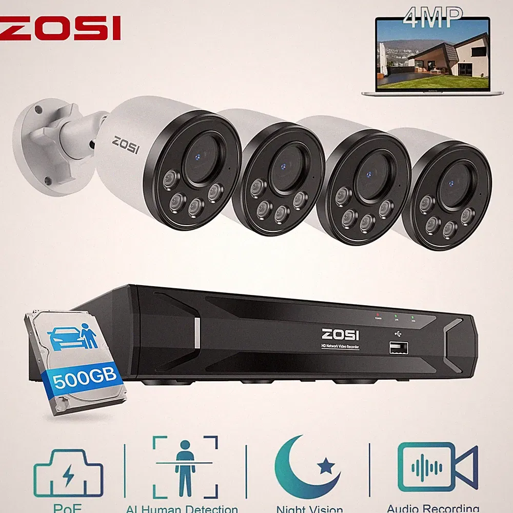 ZOSI 4MP PoE Überwachungskamera Set Aussen Innen mit 2TB Festplatte NVR IP66 IR