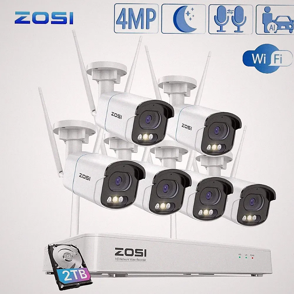 ZOSI 4MP WLAN Überwachungskamera Set Außen 8CH NVR H265+ 6x Audio IP Kameras 2TB
