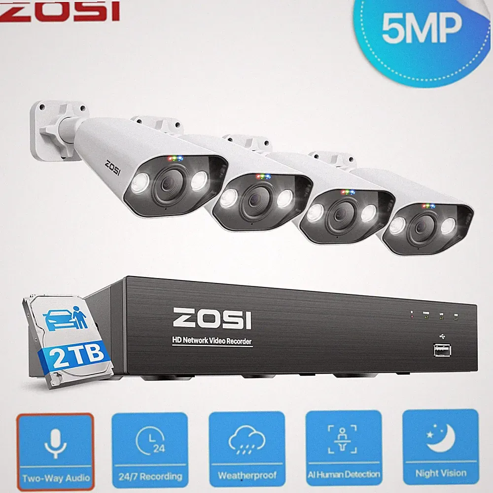 ZOSI 5MP PoE Überwachungskamera Set Außen 4K 2TB NVR Personenerkennung Spotlight