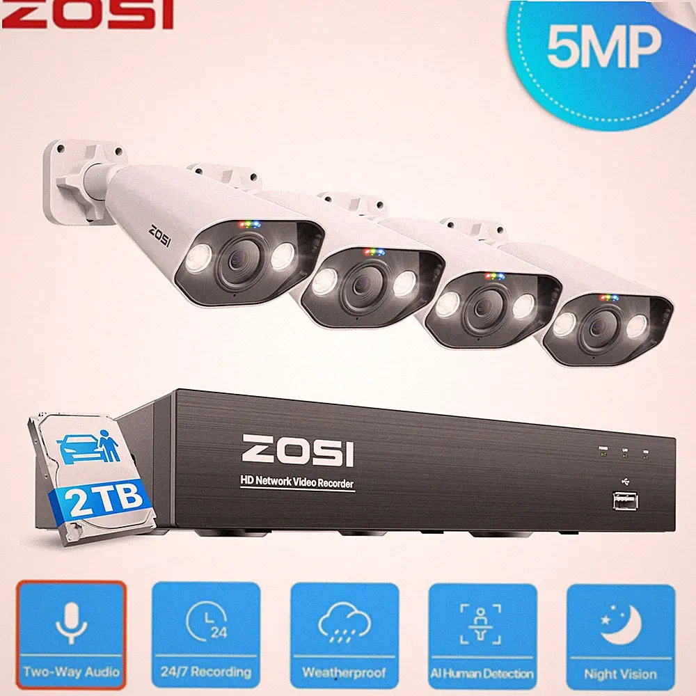 ZOSI 5MP PoE Überwachungskamera Set Außen 4K 2TB NVR POE Kamera Farbnachtsicht