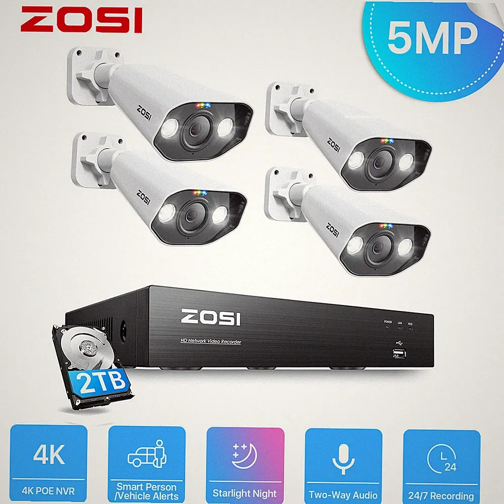 ZOSI 5MP PoE Überwachungskamera Set Außen 8CH 2TB 4K NVR
