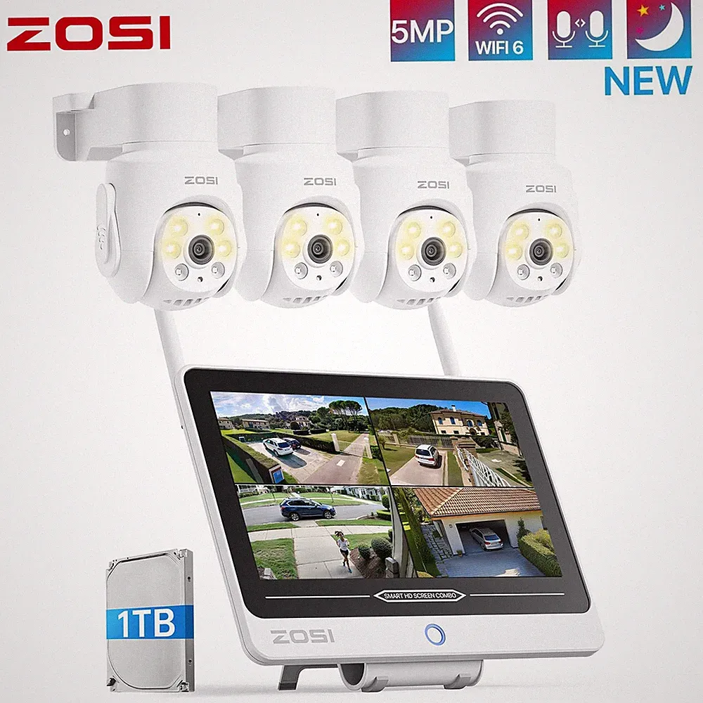 ZOSI 5MP WiFi 6 Überwachungskamera Set Außen 1TB 12" Monitor 360° PTZ Domekamera
