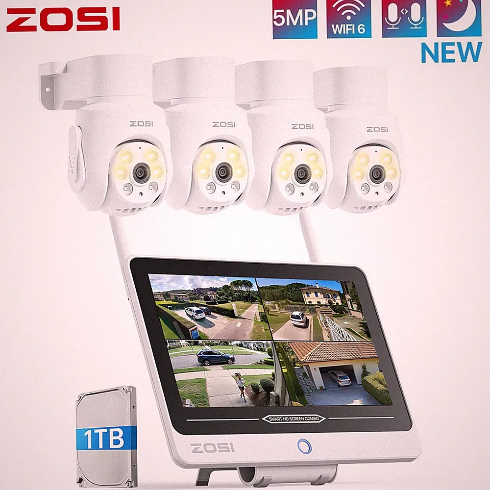 ZOSI 5MP WLAN Überwachungskamera Set Außen 8CH 1TB H265+NVR PT Schwenkbar Kamera