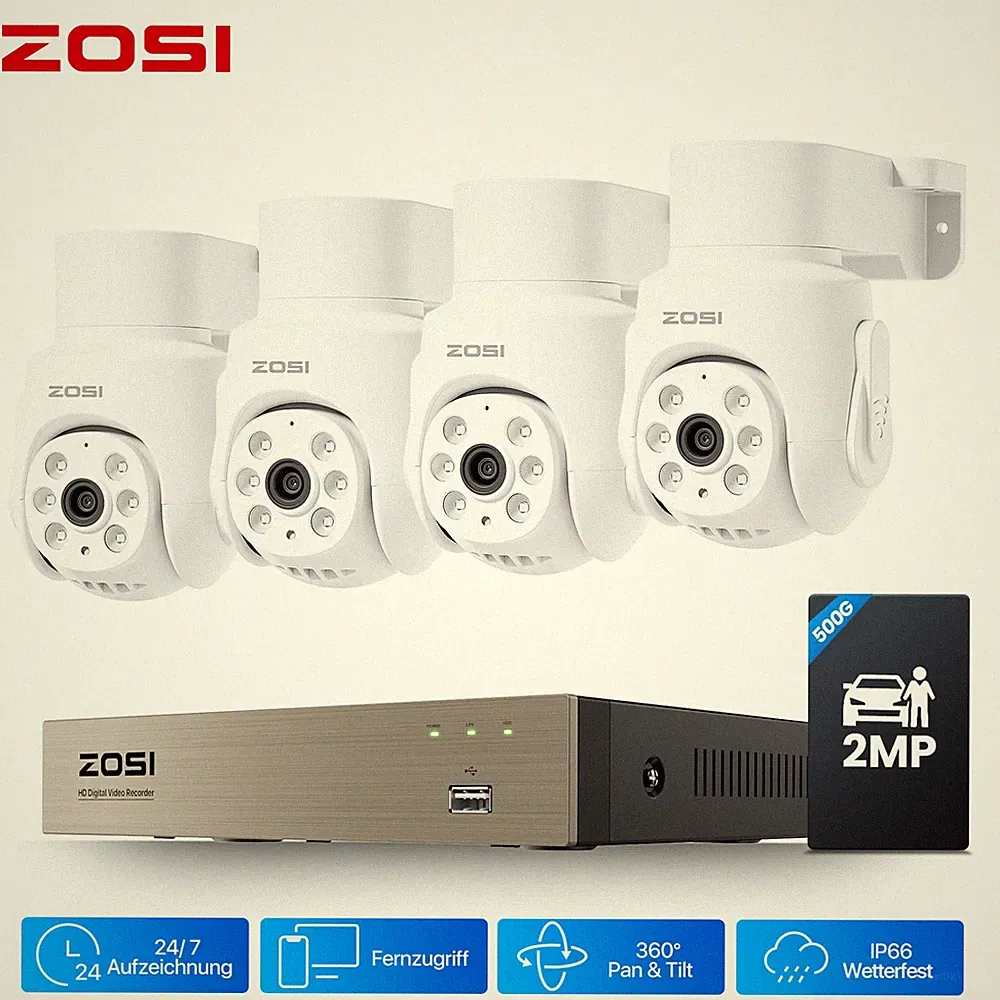 ZOSI 8CH 2MP CCTV Überwachungskamera Set Außen 500GB DVR Schwenkbar IRNachtsicht