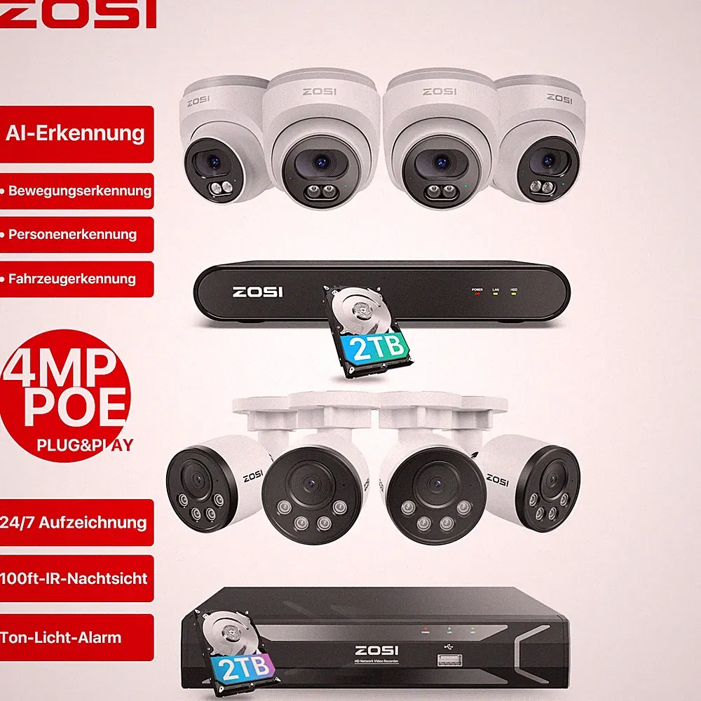 ZOSI 8CH 2TB NVR 4MP PoE Kamera Set