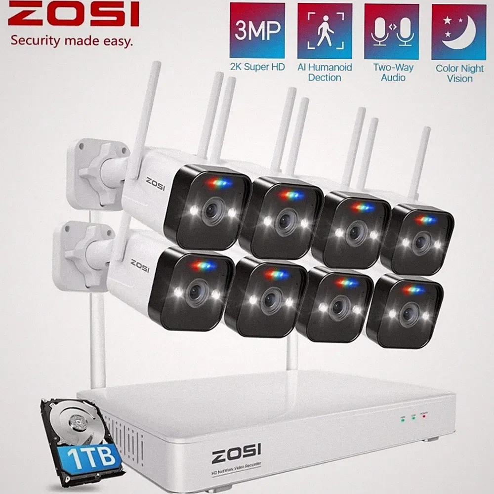 ZOSI 8CH 3MP Außen WLAN Überwachungskamera Set Nachtsicht Zwei Wege Audio 1TBHDD