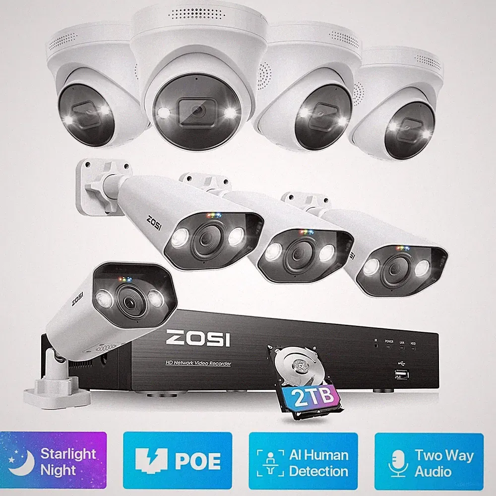 ZOSI 8CH 5MP PoE Überwachungskamera Außen Set 4K NVR 2 Wege Audio Farbnachtsicht