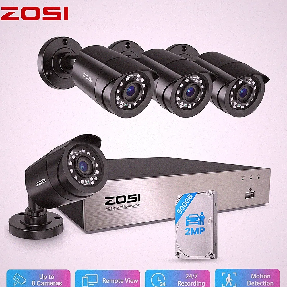 ZOSI 8CH H265+ 1080P Überwachungskamera Set Außen CCTV 500GB 4X Bullet Kamera