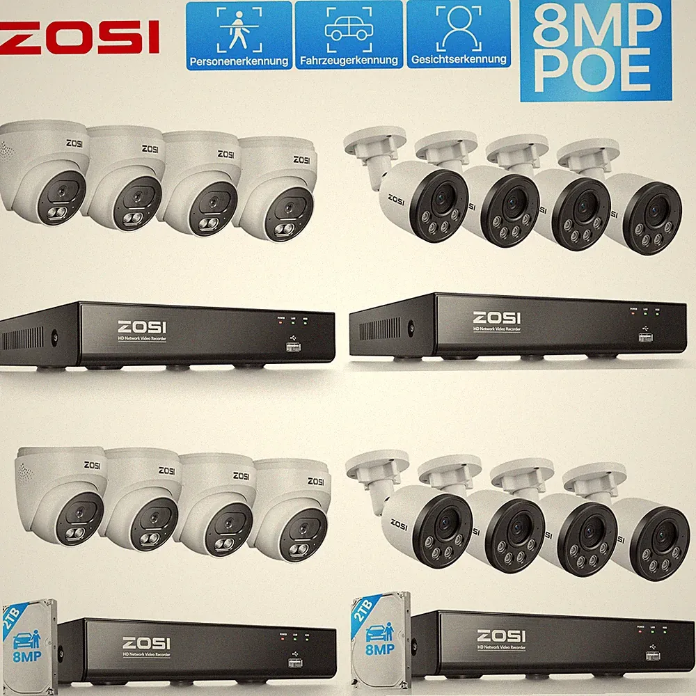 ZOSI 8MP POE Überwachungskamera Aussen Set 8CH Videoüberwachung CCTV Nachtsicht