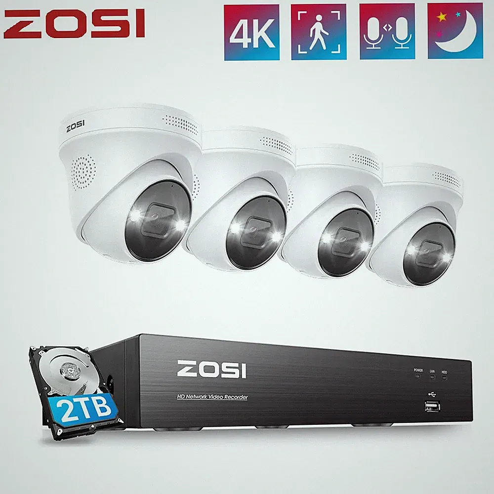 ZOSI 8MP PoE Überwachungskamera Set Außen 8CH 2TB 4K NVR Farbnachtsicht Audio