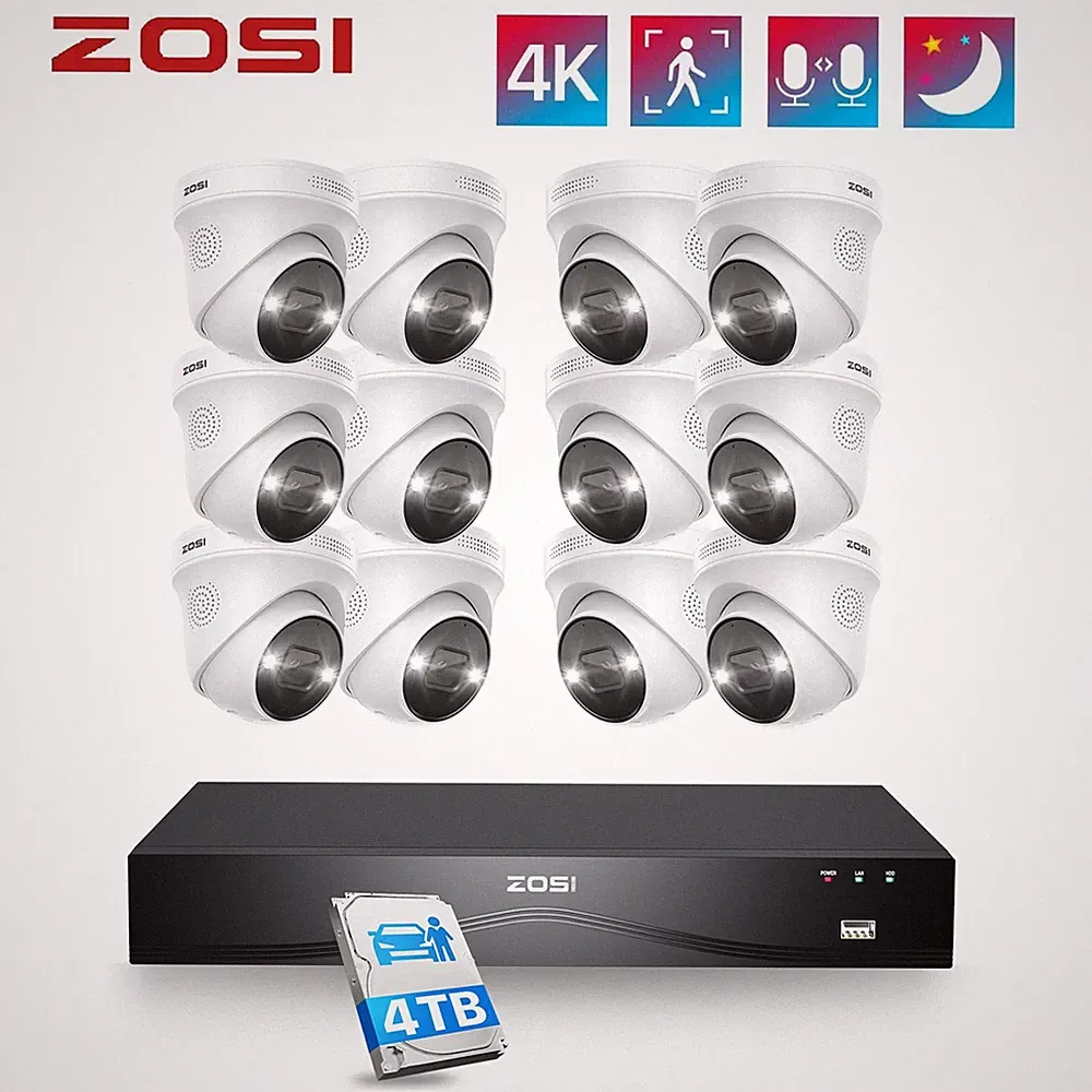 ZOSI 8MP PoE Überwachungskameraset Außen 24CH UHD NVR 4TB 12x4K POE Kamera Audio