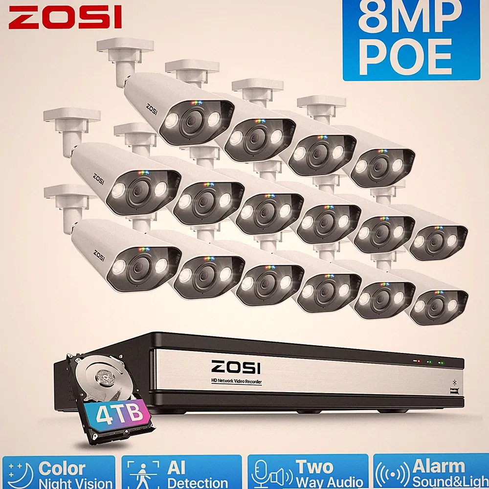 ZOSI 8MP Überwachungskamera Set Außen PoE Kamera Bullet NVR 4K Farbnachtsicht