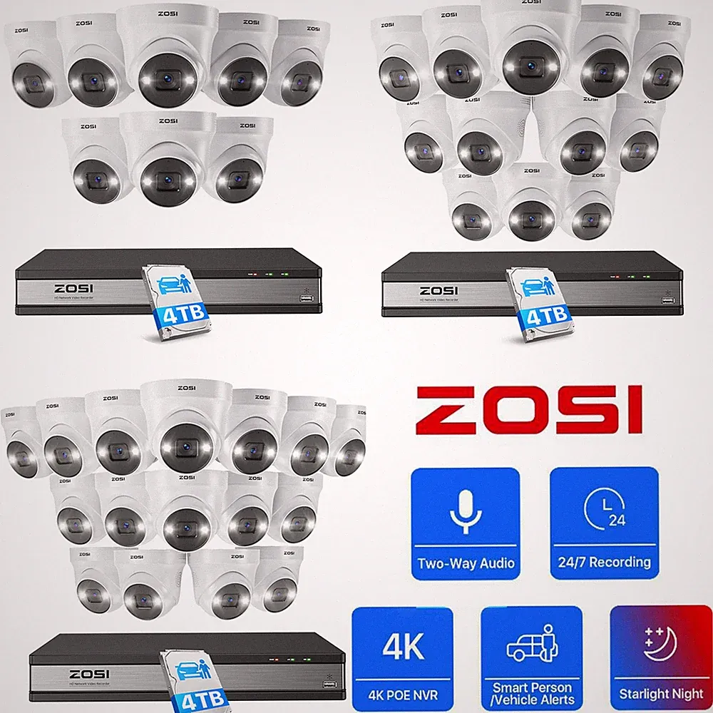 ZOSI 5MP POE Überwachungskamera Set Außen 16CH 4K 4TB NVR Farbnachtsicht Audio